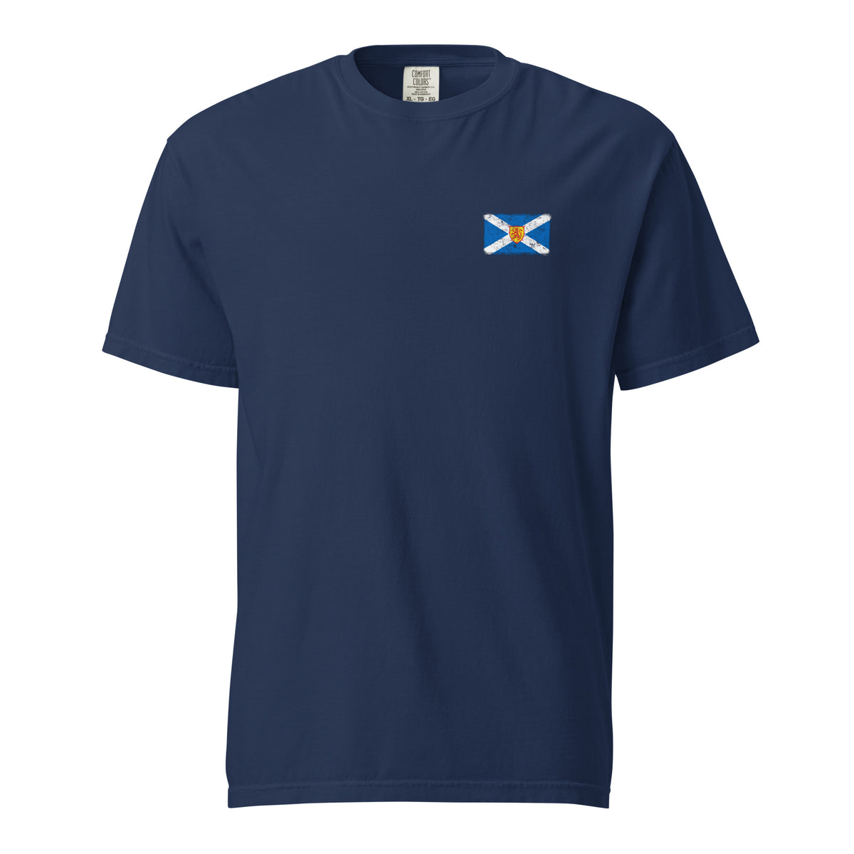 Scotland flag t-shirt in True Navy, vintage-washed print, small flag on the left chest, unisex cut, front view