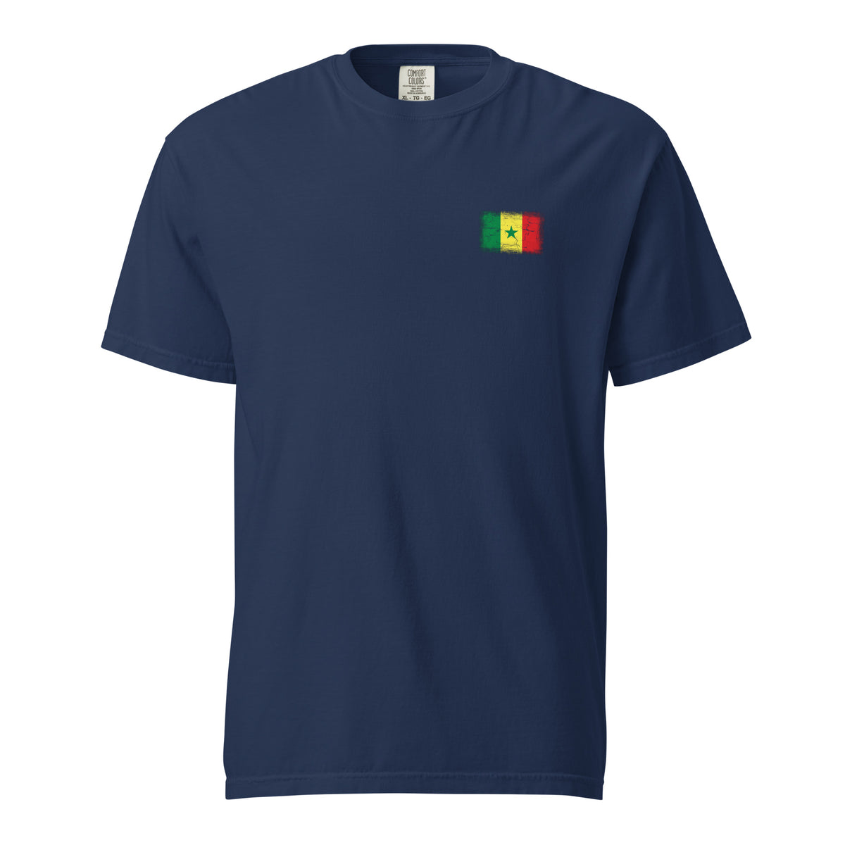 Senegal flag t-shirt in True Navy, vintage-washed print, small flag on the left chest, unisex cut, front view