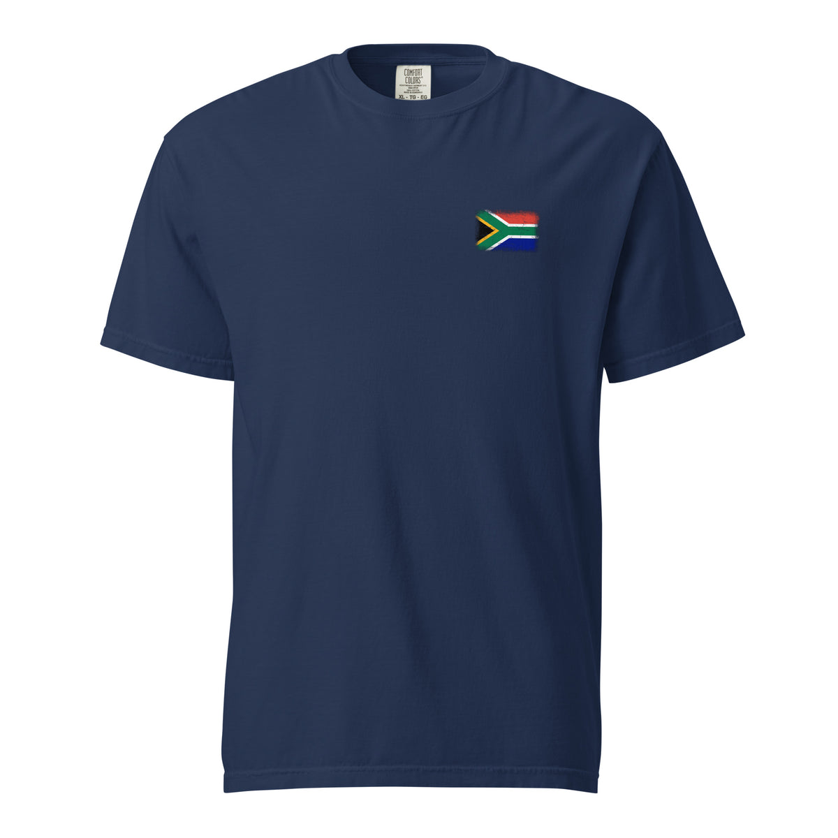 South Africa flag t-shirt in True Navy, vintage-washed print, small flag on the left chest, unisex cut, front view
