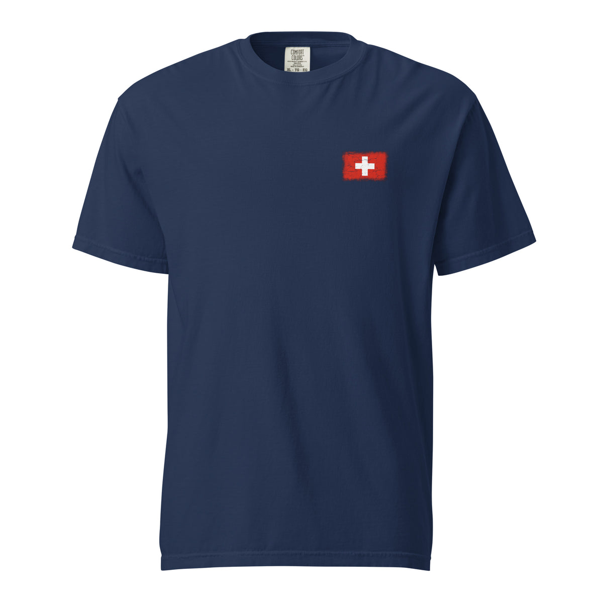 Switzerland flag t-shirt in True Navy, vintage-washed print, small flag on the left chest, unisex cut, front view