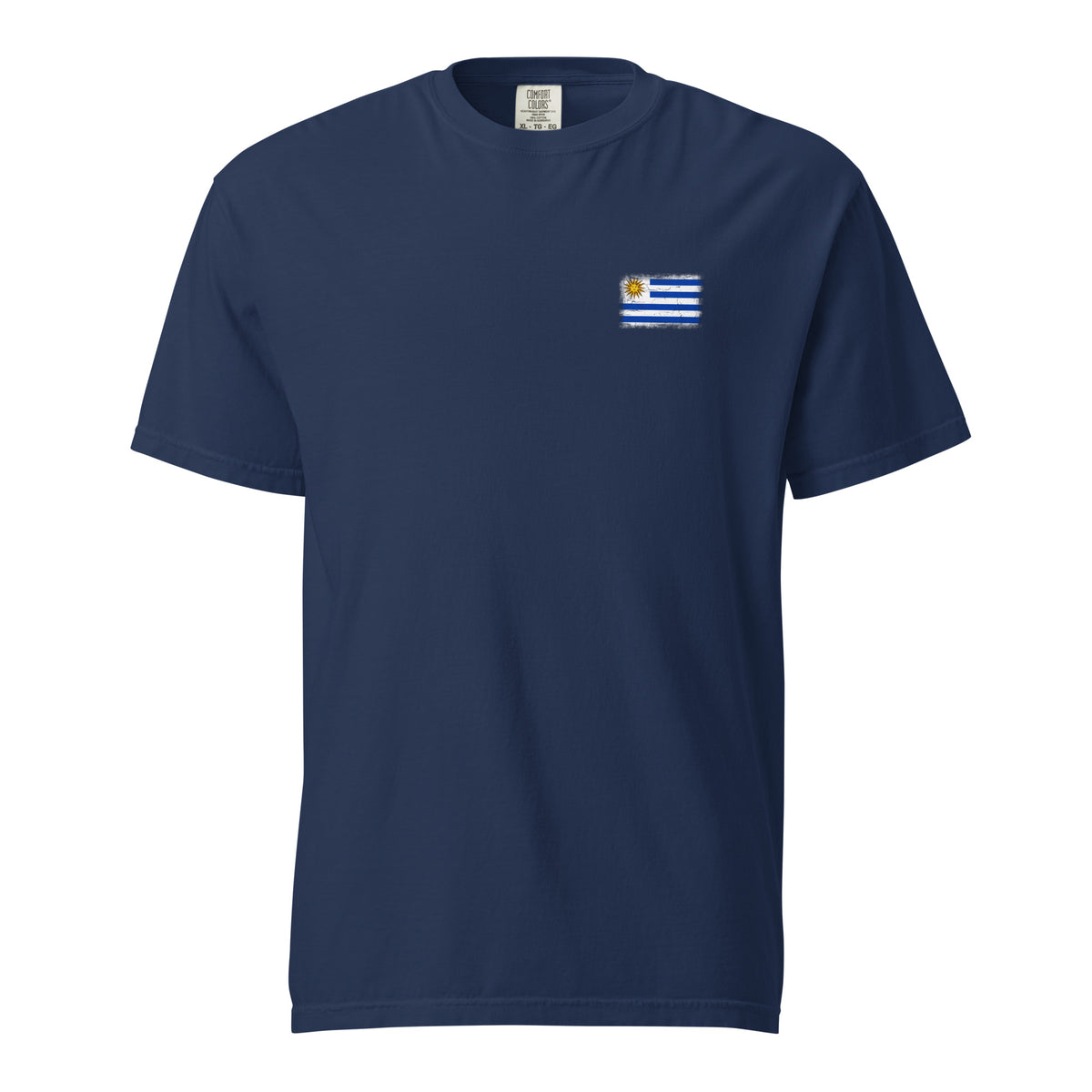 Uruguay flag t-shirt in True Navy, vintage-washed print, small flag on the left chest, unisex cut, front view