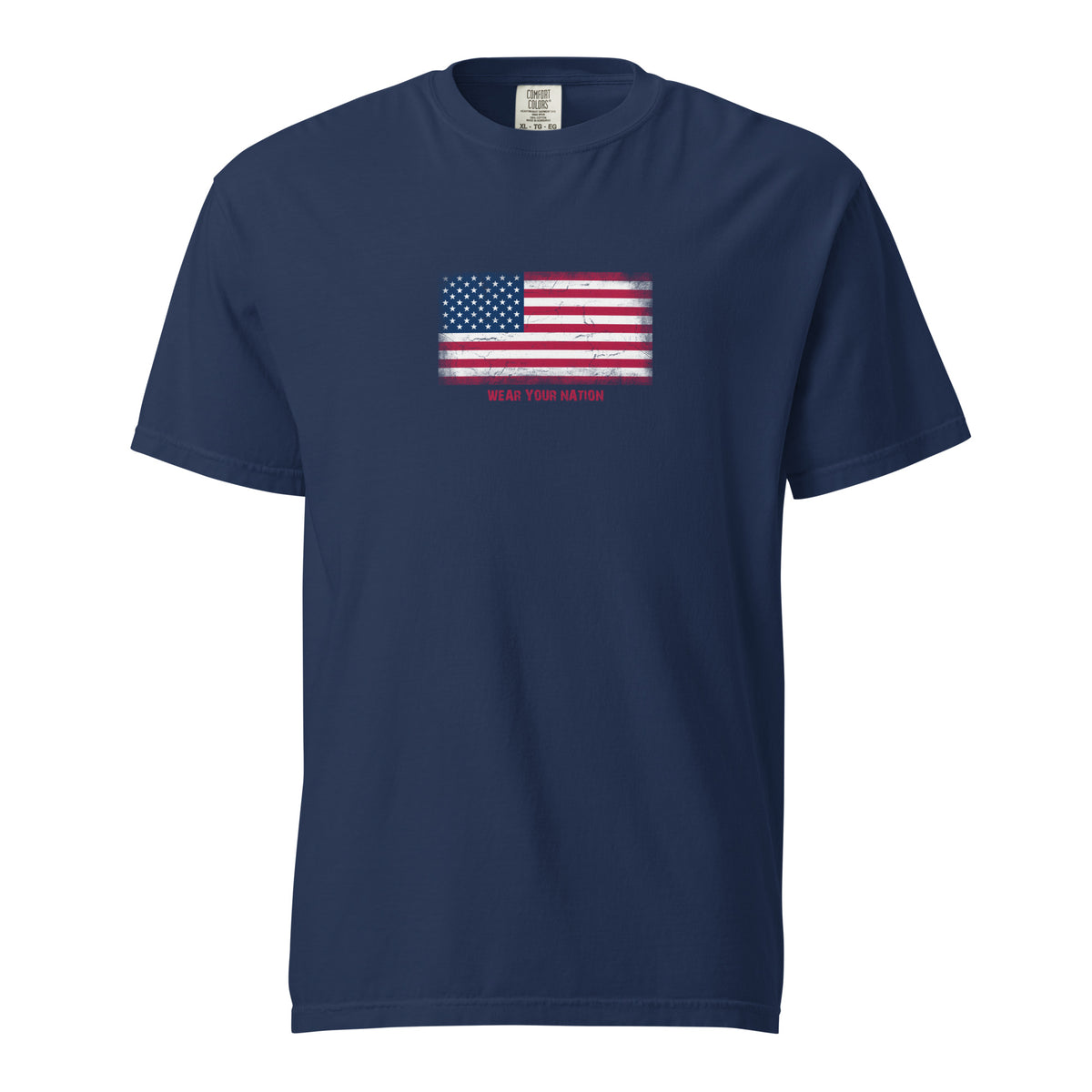 USA flag t-shirt in Navy, vintage-washed print, large flag on the chest, unisex cut, front view