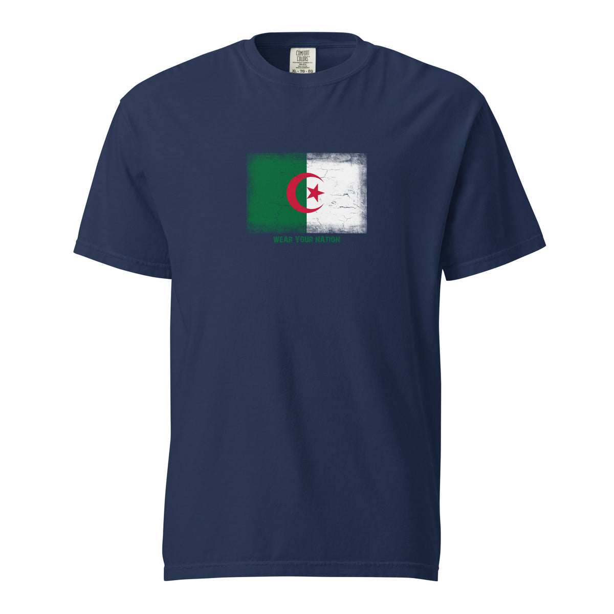 Algeria flag t-shirt in True Navy, vintage-washed print, large flag on the chest, unisex cut, front view