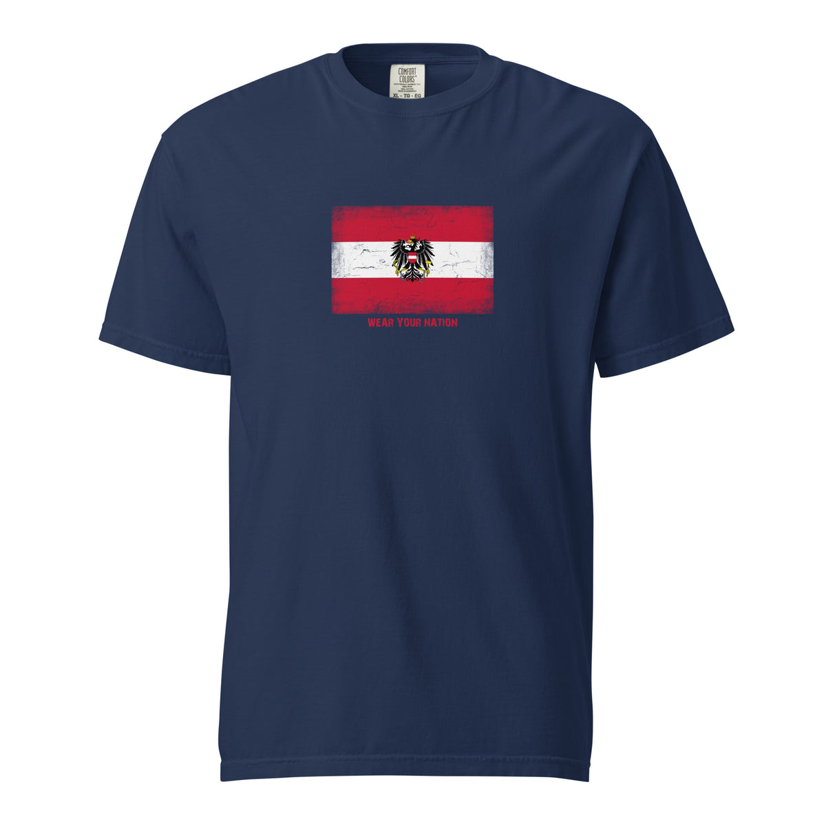Austria flag t-shirt in Navy, vintage-washed print, large flag on the chest, unisex cut, front view