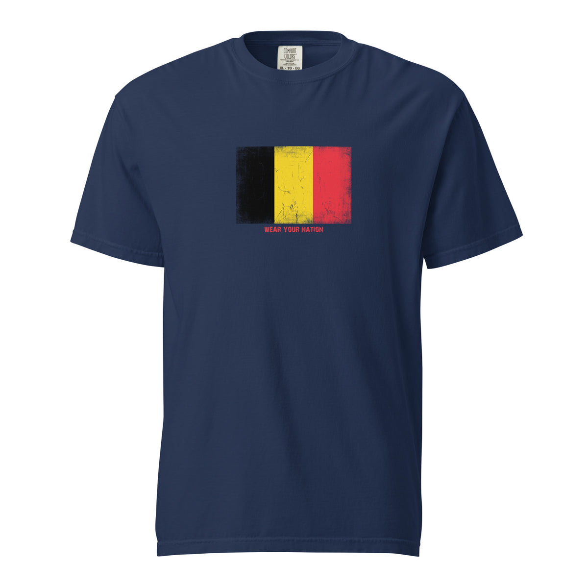 Belgium flag t-shirt in True Navy, vintage-washed print, large flag on the chest, unisex cut, front view