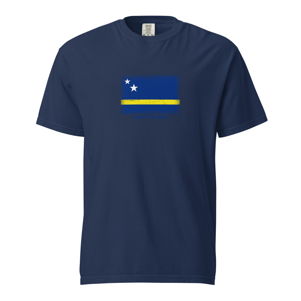 Curaçao flag t-shirt in True Navy, vintage-washed print, large flag on the chest, unisex cut, front view