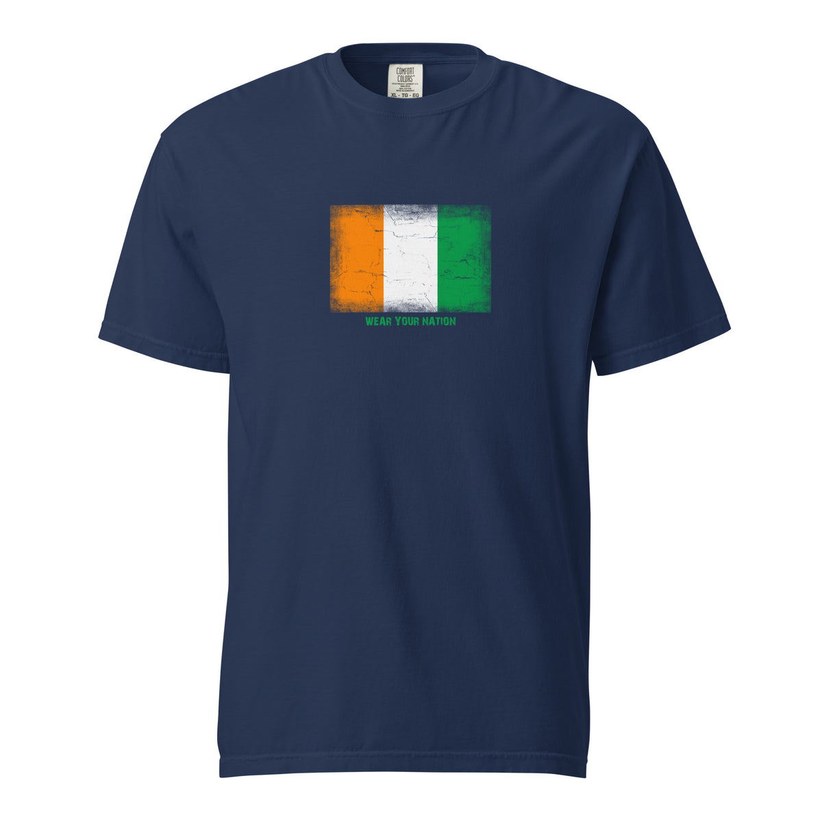 Côte d'Ivoire flag t-shirt in True Navy, vintage-washed print, large flag on the chest, unisex cut, front view