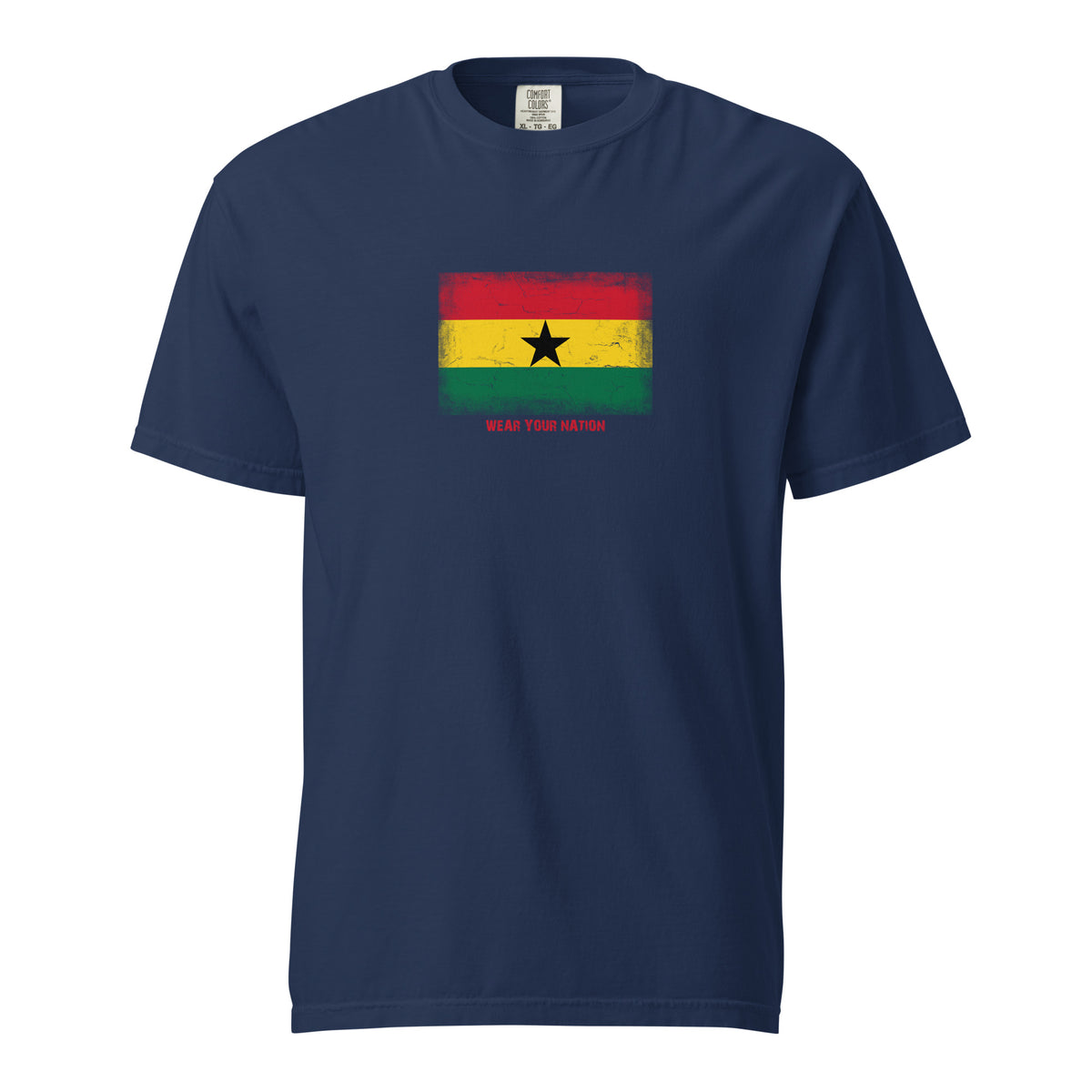 Ghana flag t-shirt in True Navy, vintage-washed print, large flag on the chest, unisex cut, front view