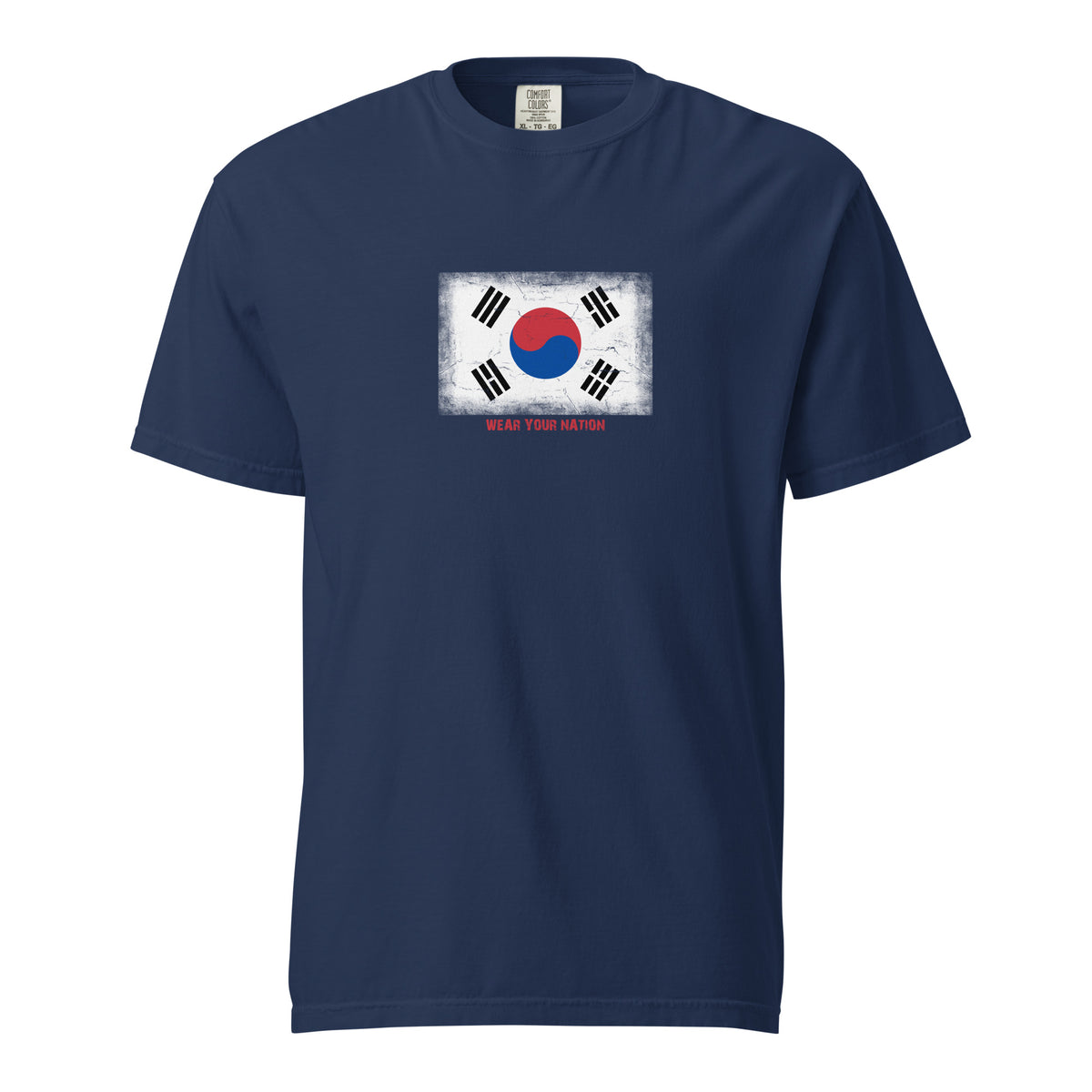 South Korea flag t-shirt in Navy, vintage-washed print, large flag on the chest, unisex cut, front view