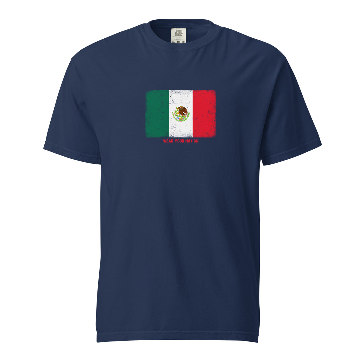 Mexico flag t-shirt in Navy, vintage-washed print, large flag on the chest, unisex cut, front view