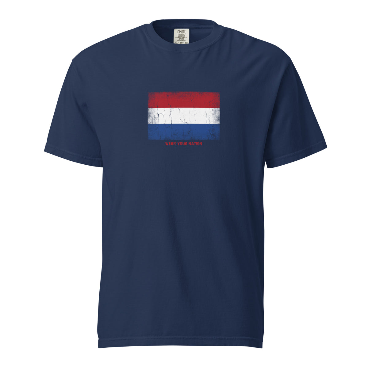 Netherlands flag t-shirt in True Navy, vintage-washed print, large flag on the chest, unisex cut, front view