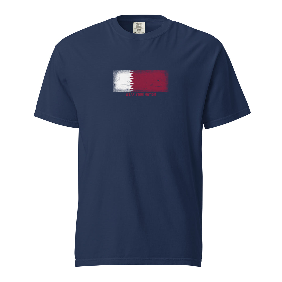 Qatar flag t-shirt in Navy, vintage-washed print, large flag on the chest, unisex cut, front view