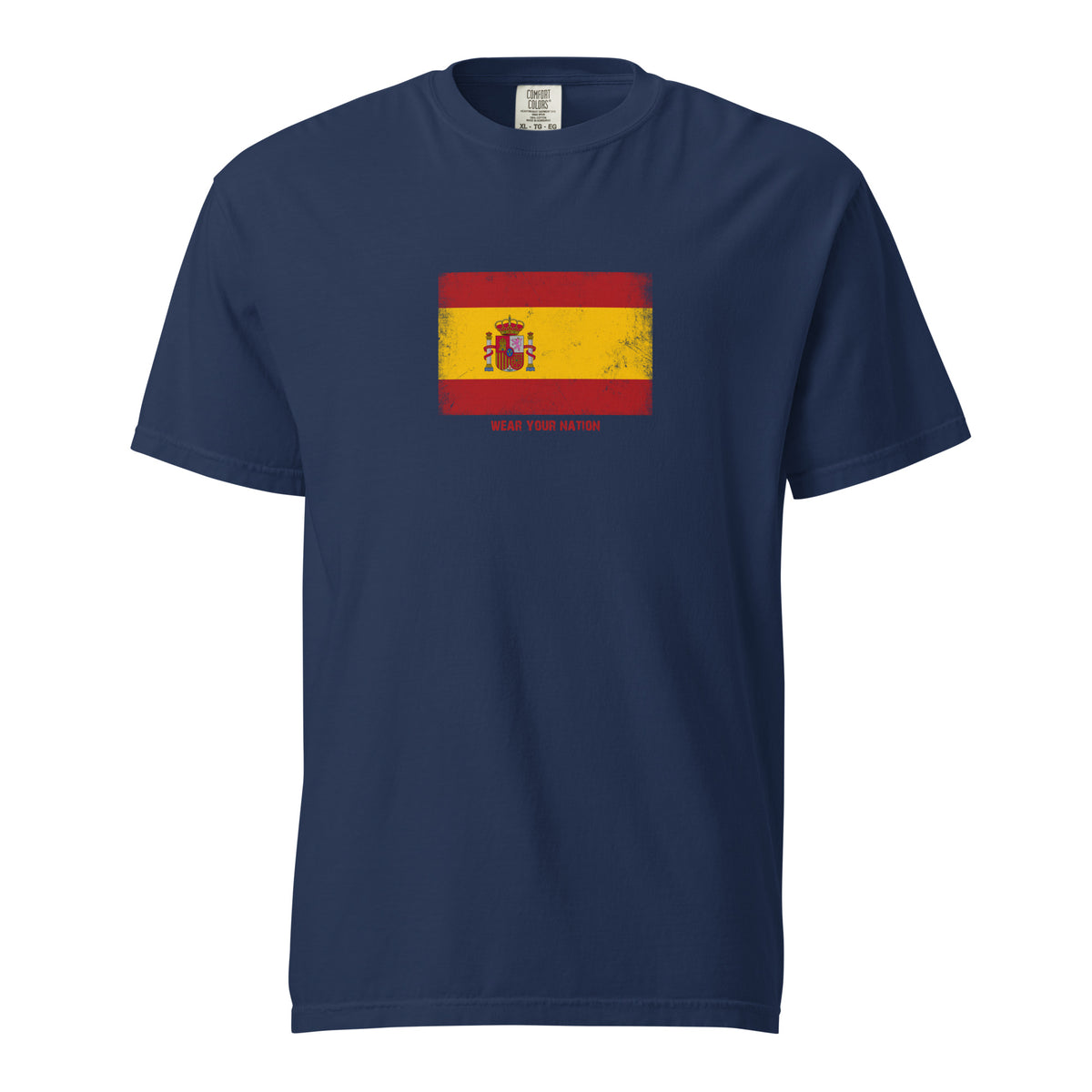 Spain flag t-shirt in Navy, vintage-washed print, large flag on the chest, unisex cut, front view