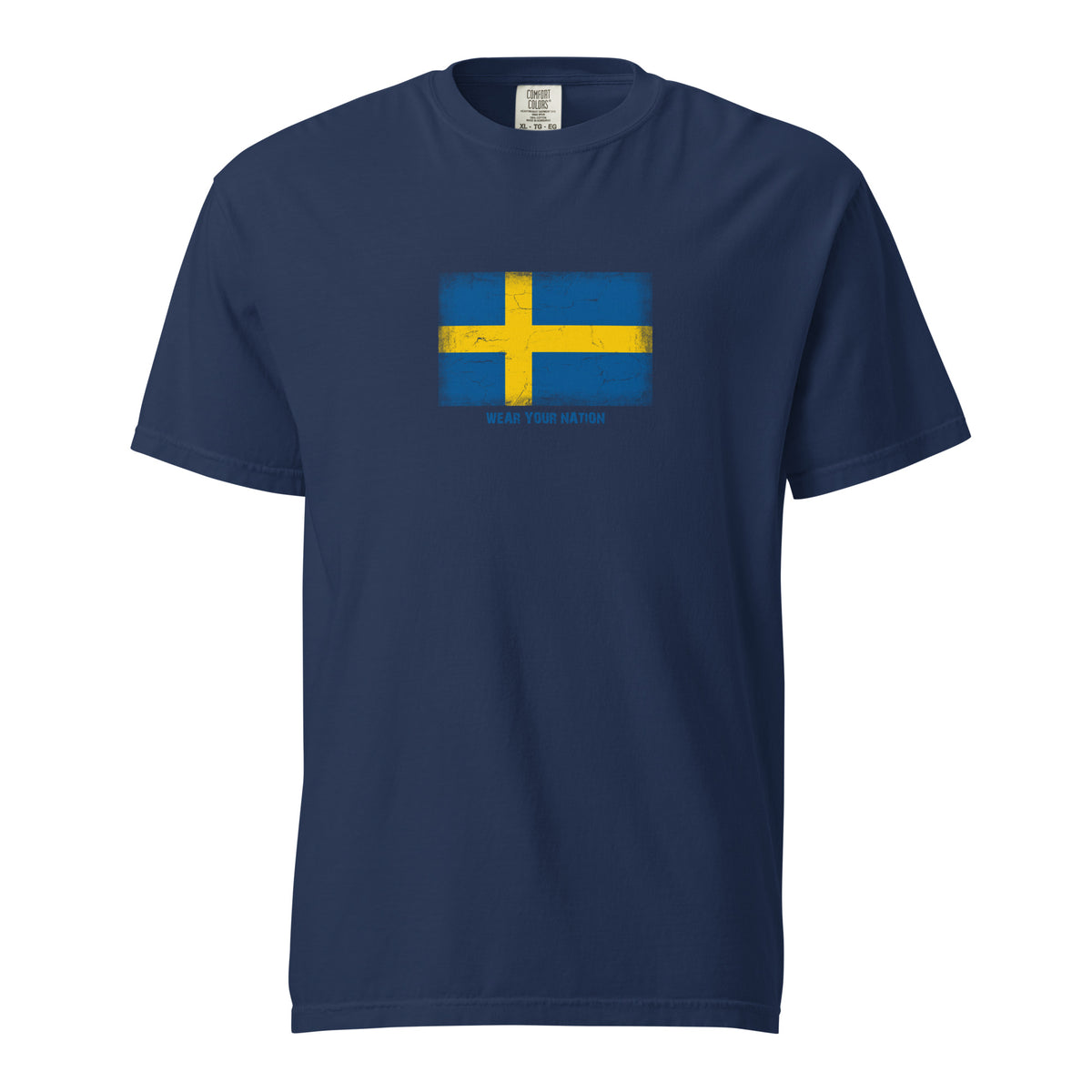 Sweden flag t-shirt in True Navy, vintage-washed print, large flag on the chest, unisex cut, front view