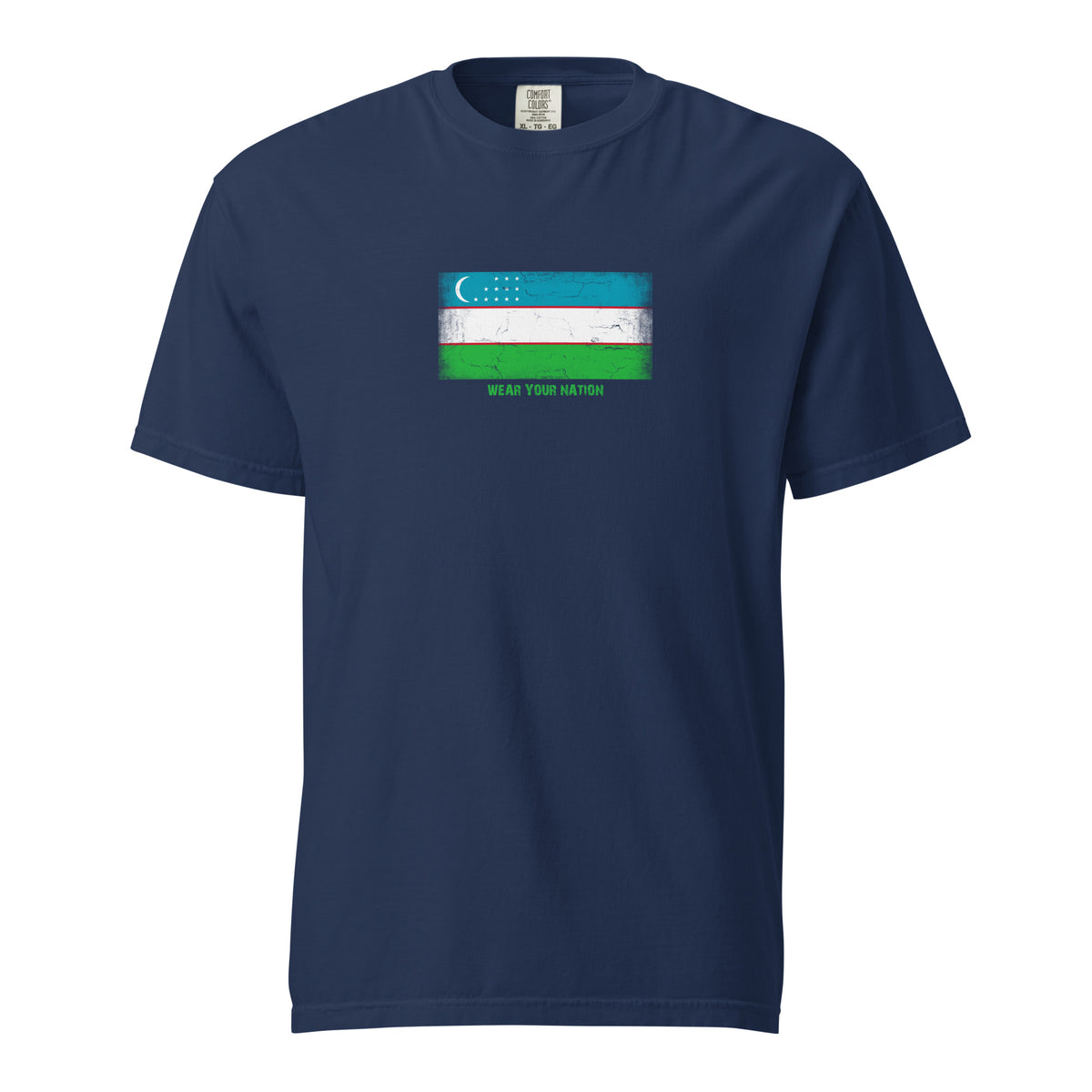 Uzbekistan flag t-shirt in Navy, vintage-washed print, large flag on the chest, unisex cut, front view