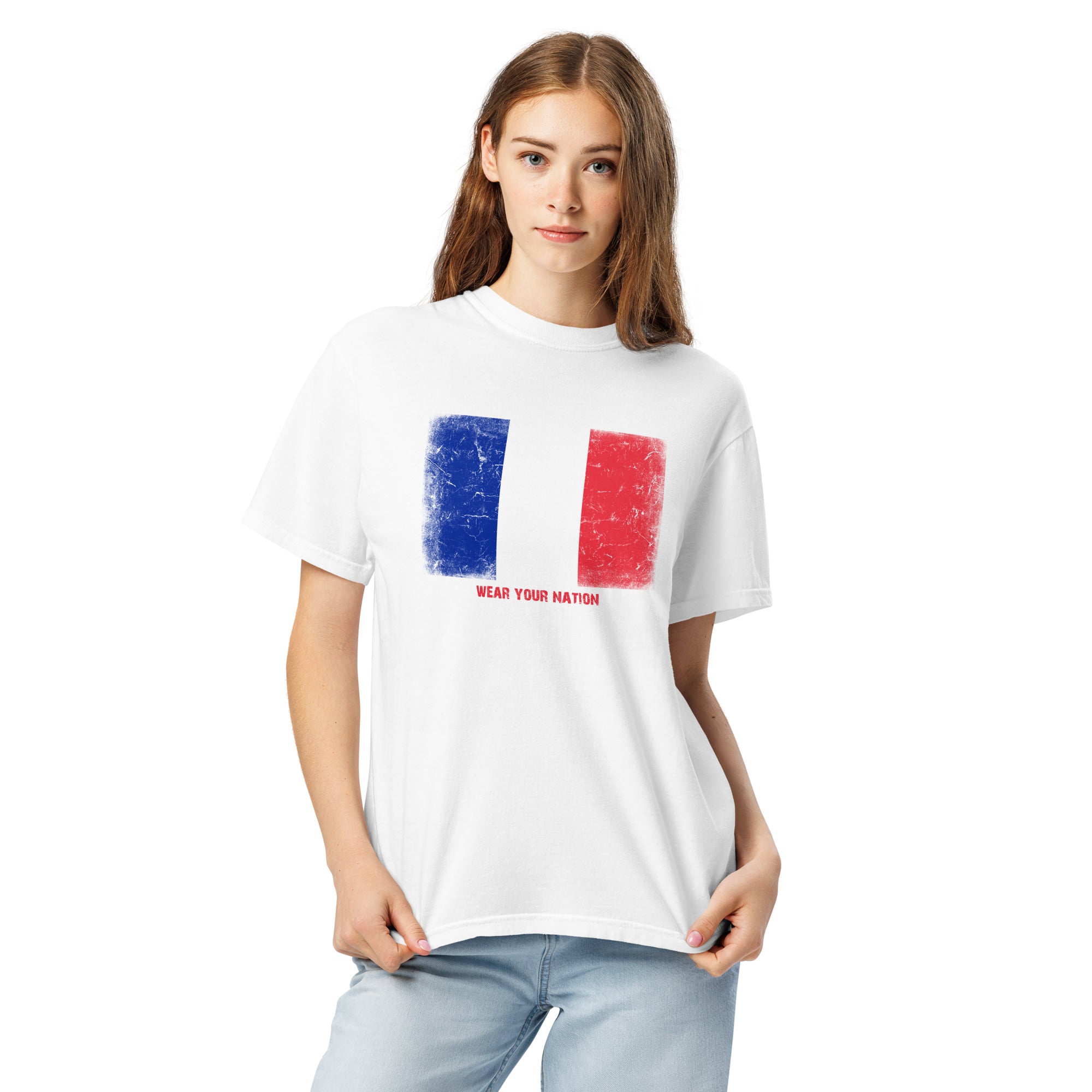 France flag T-shirt by Vexillum Wear — distressed France flag print on a heavyweight garment-dyed cotton tee (Colors of Home)