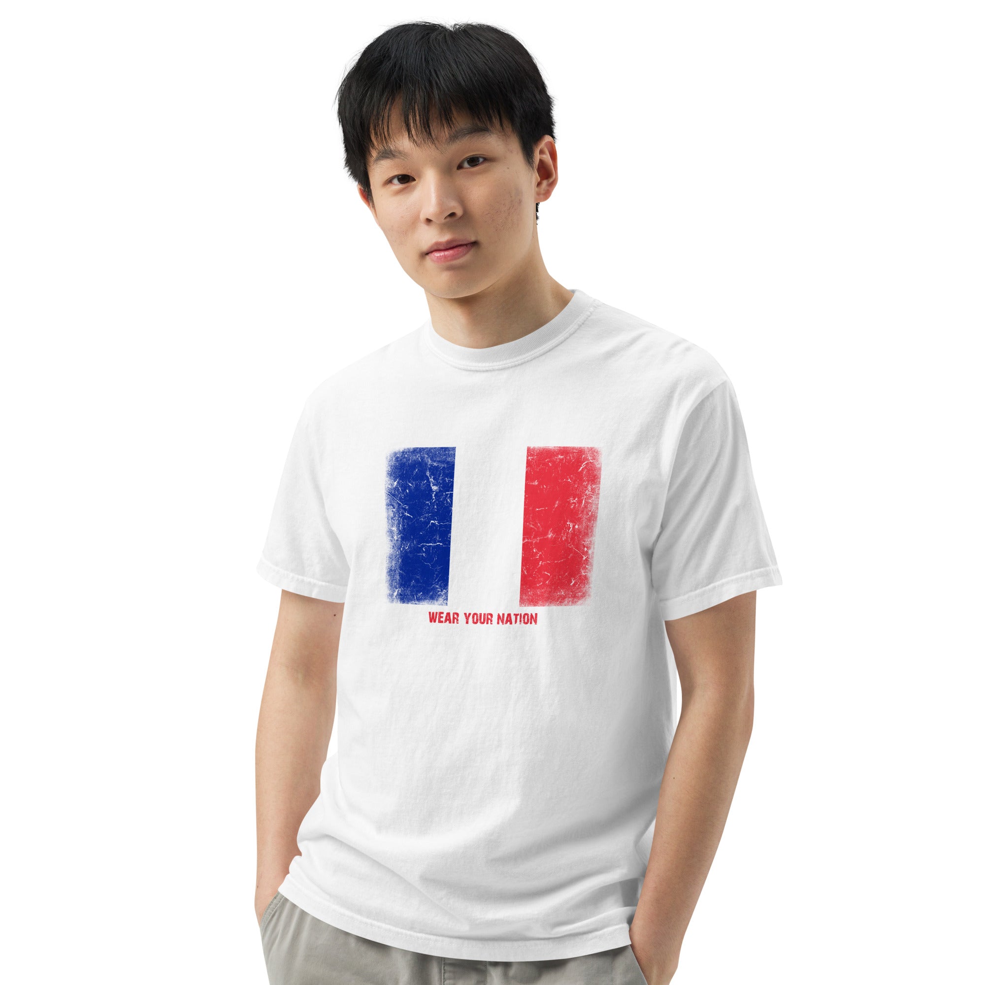 France flag T-shirt by Vexillum Wear — distressed France flag print on a heavyweight garment-dyed cotton tee (Colors of Home)