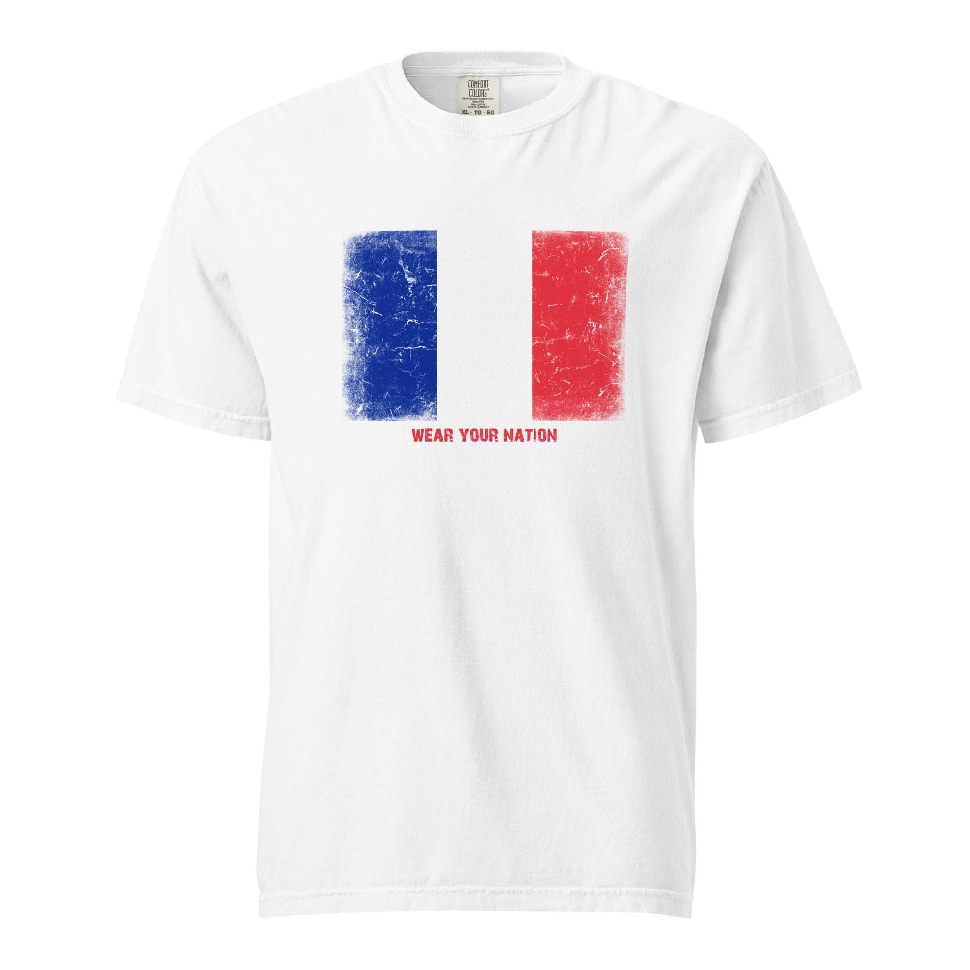 France flag T-shirt by Vexillum Wear — distressed France flag print on a heavyweight garment-dyed cotton tee (Colors of Home)