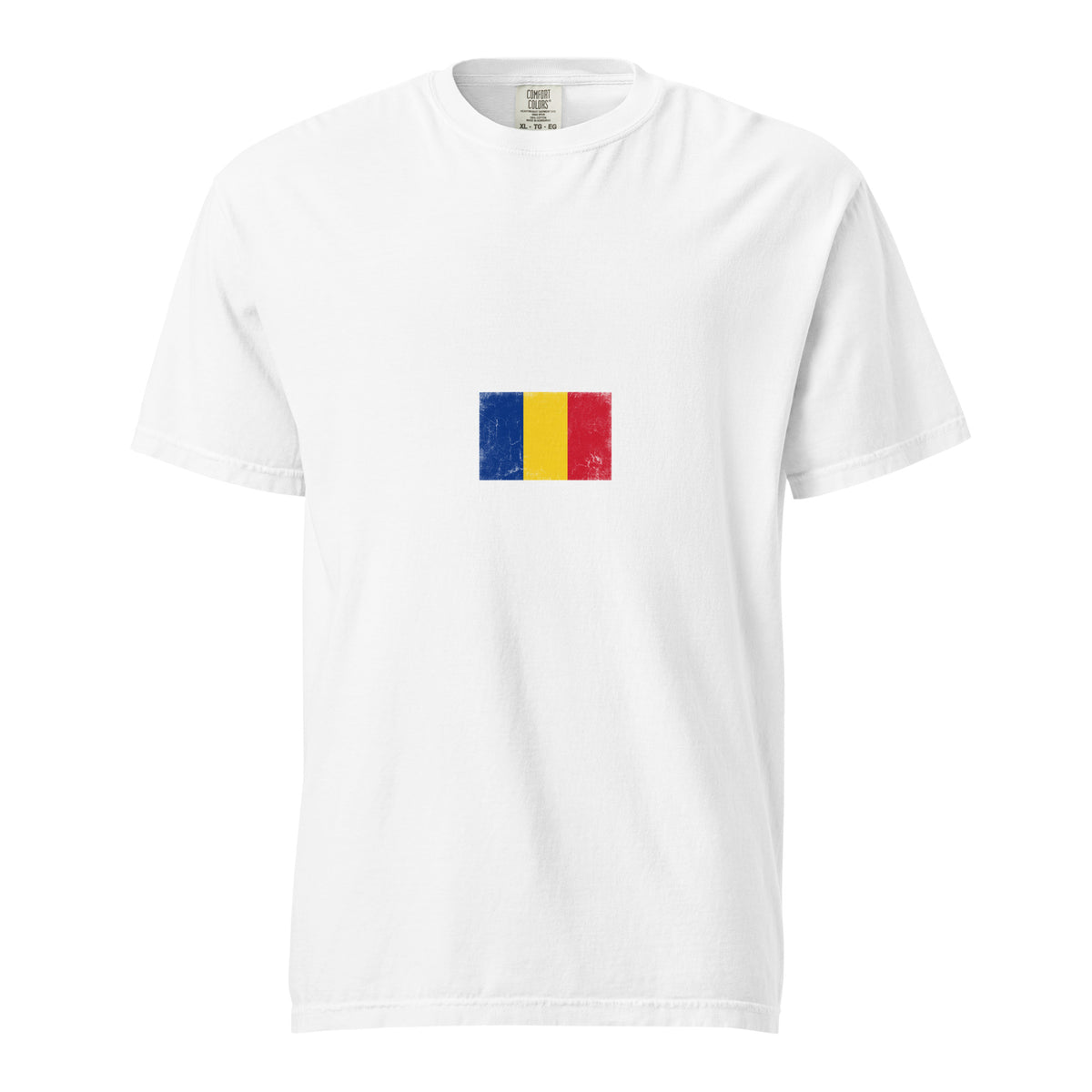 Romania flag t-shirt in White, vintage-washed print, small flag on the chest, unisex cut, front view