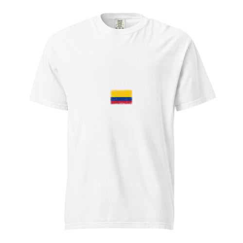 Colombia flag t-shirt in White, vintage-washed print, small flag on the chest, unisex cut, front view