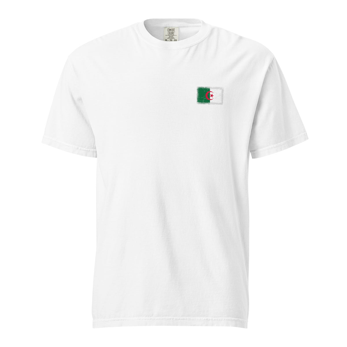 Algeria flag t-shirt in White, vintage-washed print, small flag on the left chest, unisex cut, front view