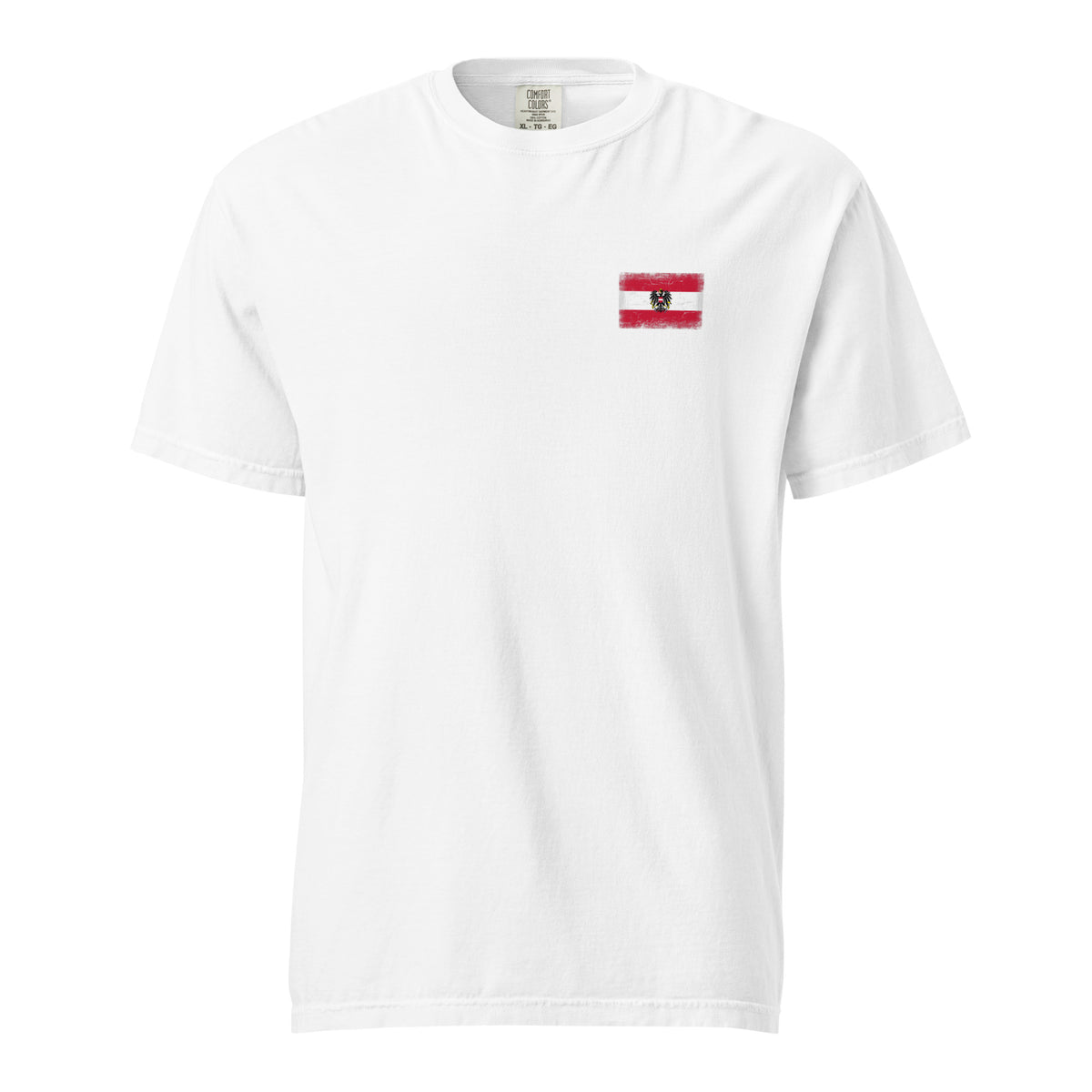 Austria flag t-shirt in White, vintage-washed print, small flag on the left chest, unisex cut, front view