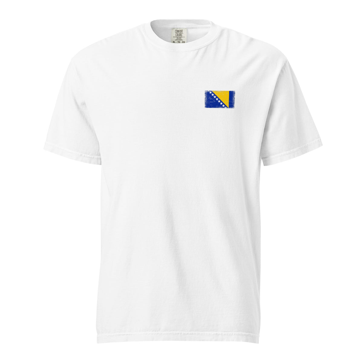 Bosnia and Herzegovina flag t-shirt in White, vintage-washed print, small flag on the left chest, unisex cut, front view