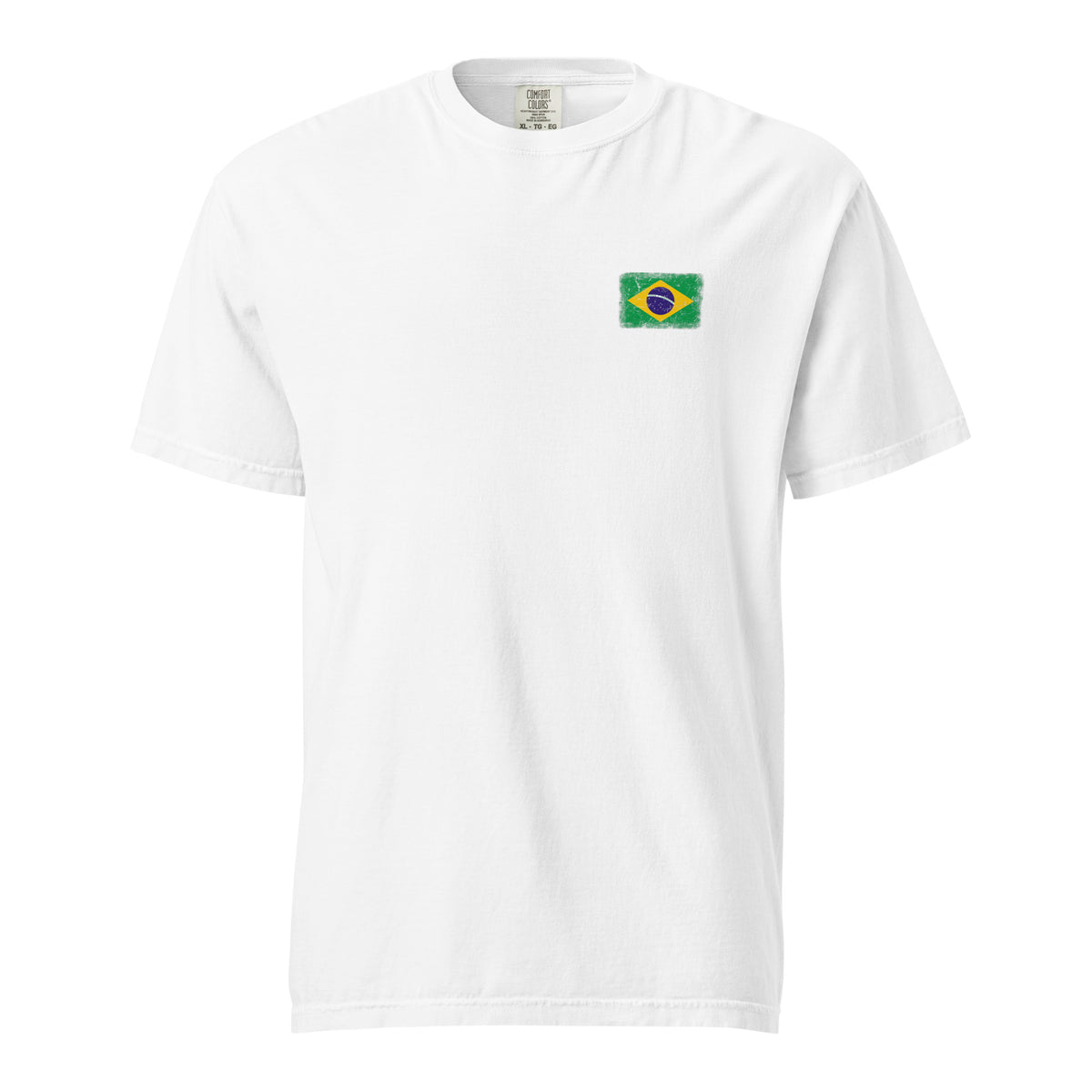 Brasil flag t-shirt in White, vintage-washed print, small flag on the left chest, unisex cut, front view