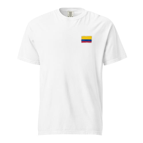Colombia flag t-shirt in White, vintage-washed print, small flag on the left chest, unisex cut, front view