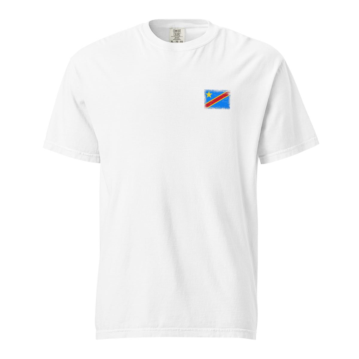 Congo flag t-shirt in White, vintage-washed print, small flag on the left chest, unisex cut, front view