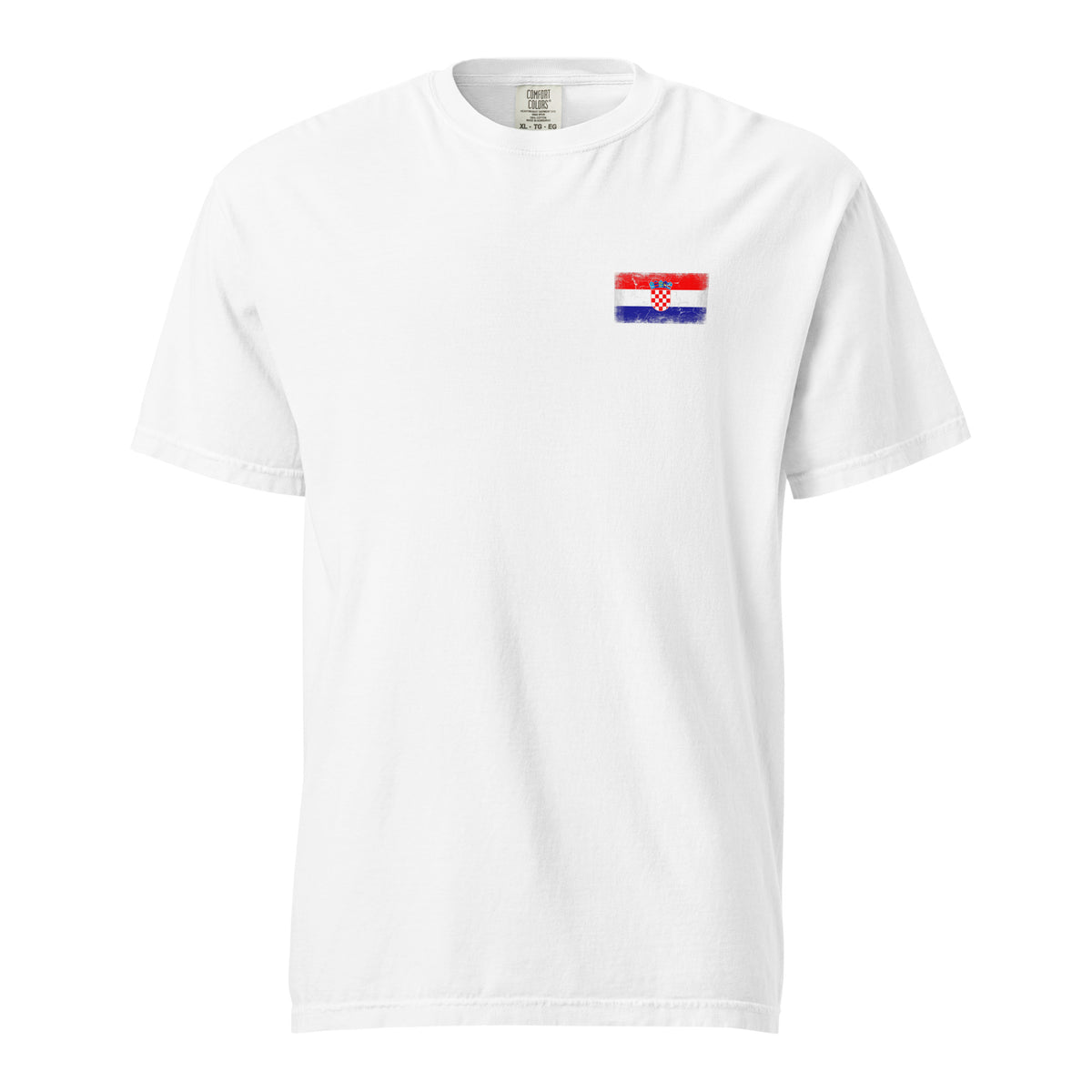 Croatia flag t-shirt in White, vintage-washed print, small flag on the left chest, unisex cut, front view