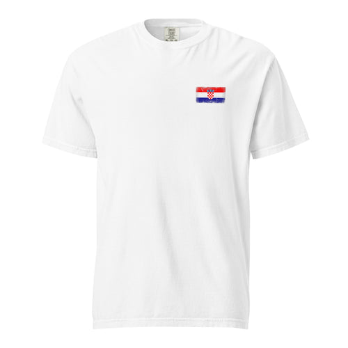Croatia flag t-shirt in White, vintage-washed print, small flag on the left chest, unisex cut, front view