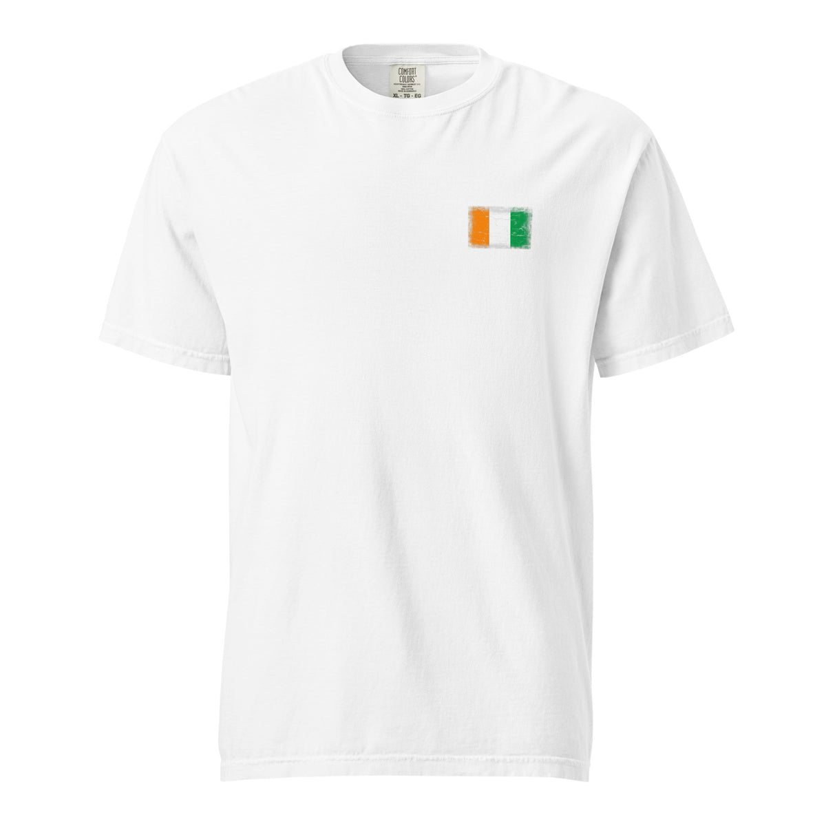 Côte d'Ivoire flag t-shirt in White, vintage-washed print, small flag on the left chest, unisex cut, front view