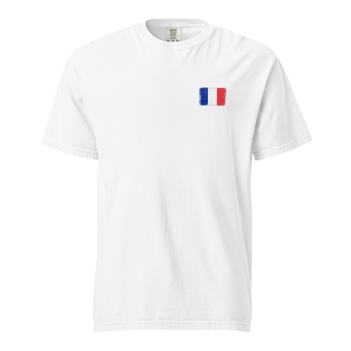 France flag t-shirt in White, vintage-washed print, small flag on the left chest, unisex cut, front view