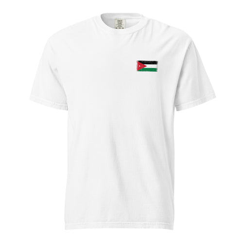 Jordan flag t-shirt in White, vintage-washed print, small flag on the left chest, unisex cut, front view