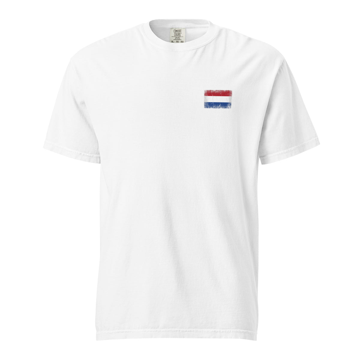 Netherlands flag t-shirt in White, vintage-washed print, small flag on the left chest, unisex cut, front view