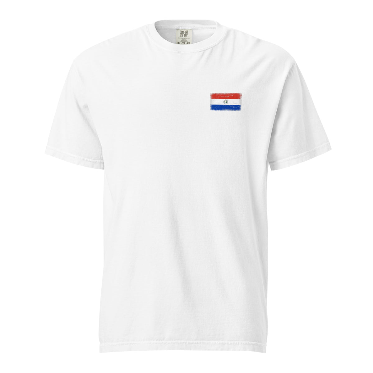 Paraguay flag t-shirt in White, vintage-washed print, small flag on the left chest, unisex cut, front view