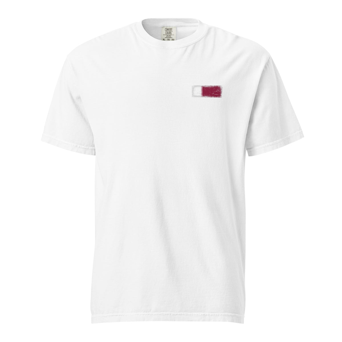 Qatar flag t-shirt in White, vintage-washed print, small flag on the left chest, unisex cut, front view