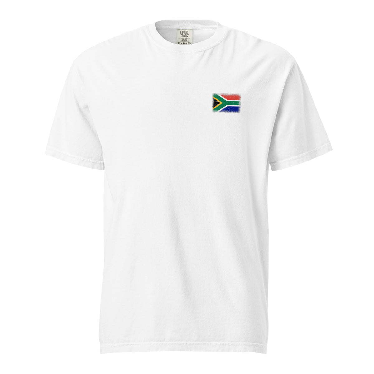 South Africa flag t-shirt in White, vintage-washed print, small flag on the left chest, unisex cut, front view