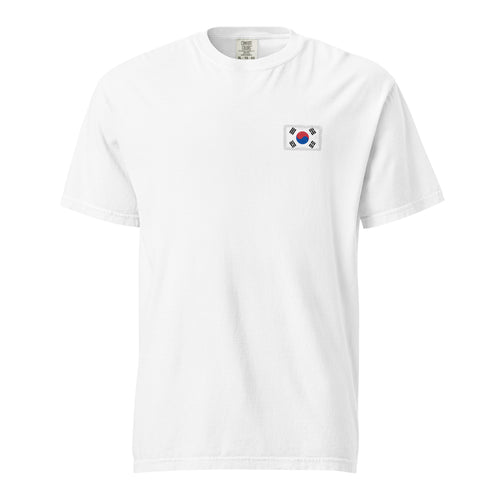 South Korea flag t-shirt in White, vintage-washed print, small flag on the left chest, unisex cut, front view