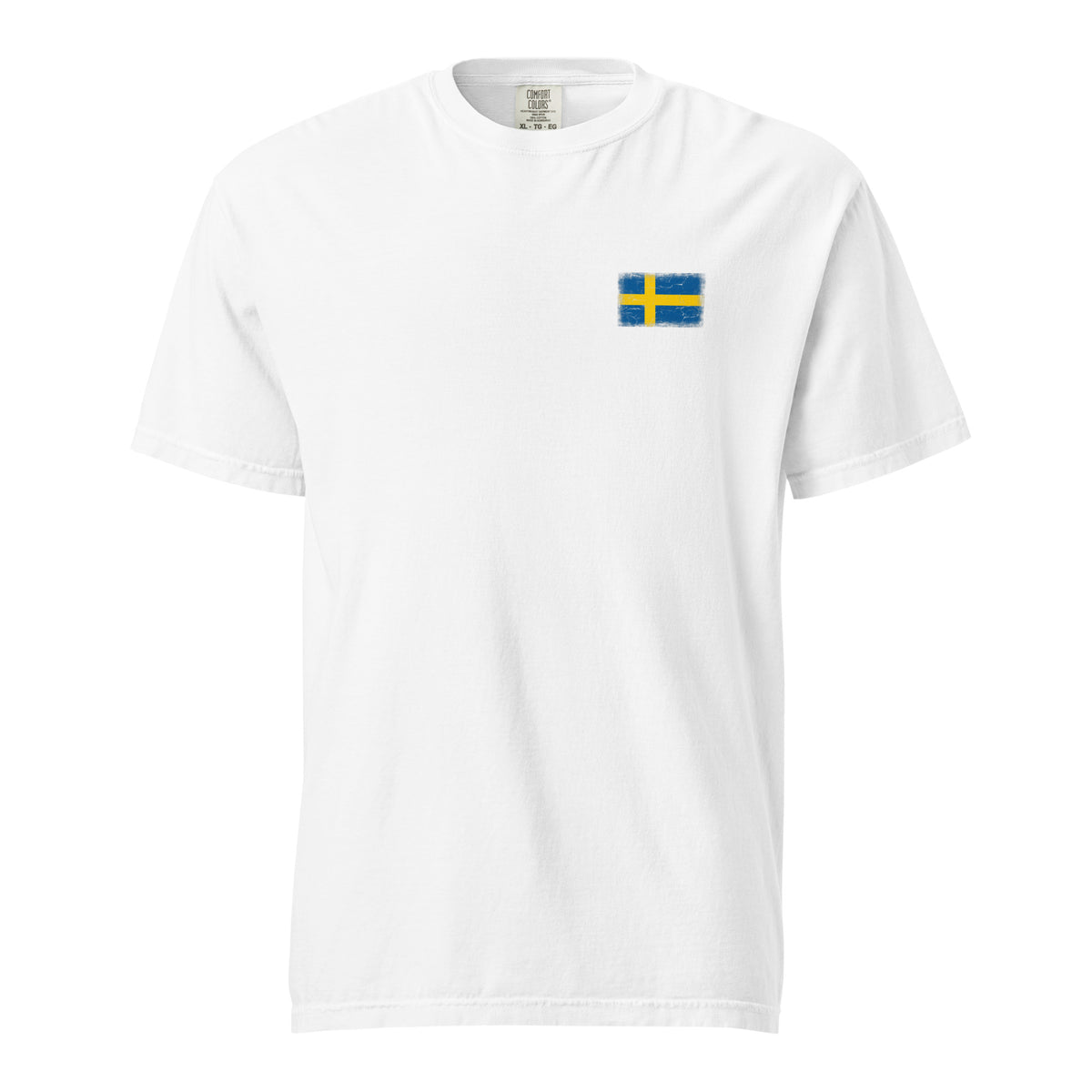 Sweden flag t-shirt in White, vintage-washed print, small flag on the left chest, unisex cut, front view