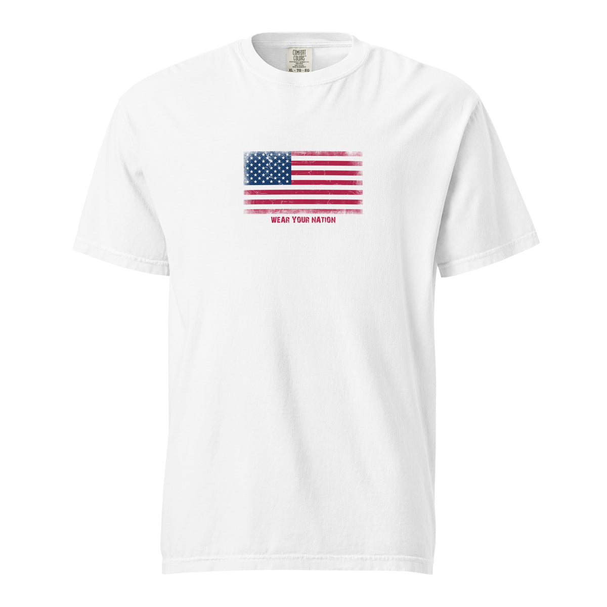 USA flag t-shirt in White, vintage-washed print, large flag on the chest, unisex cut, front view