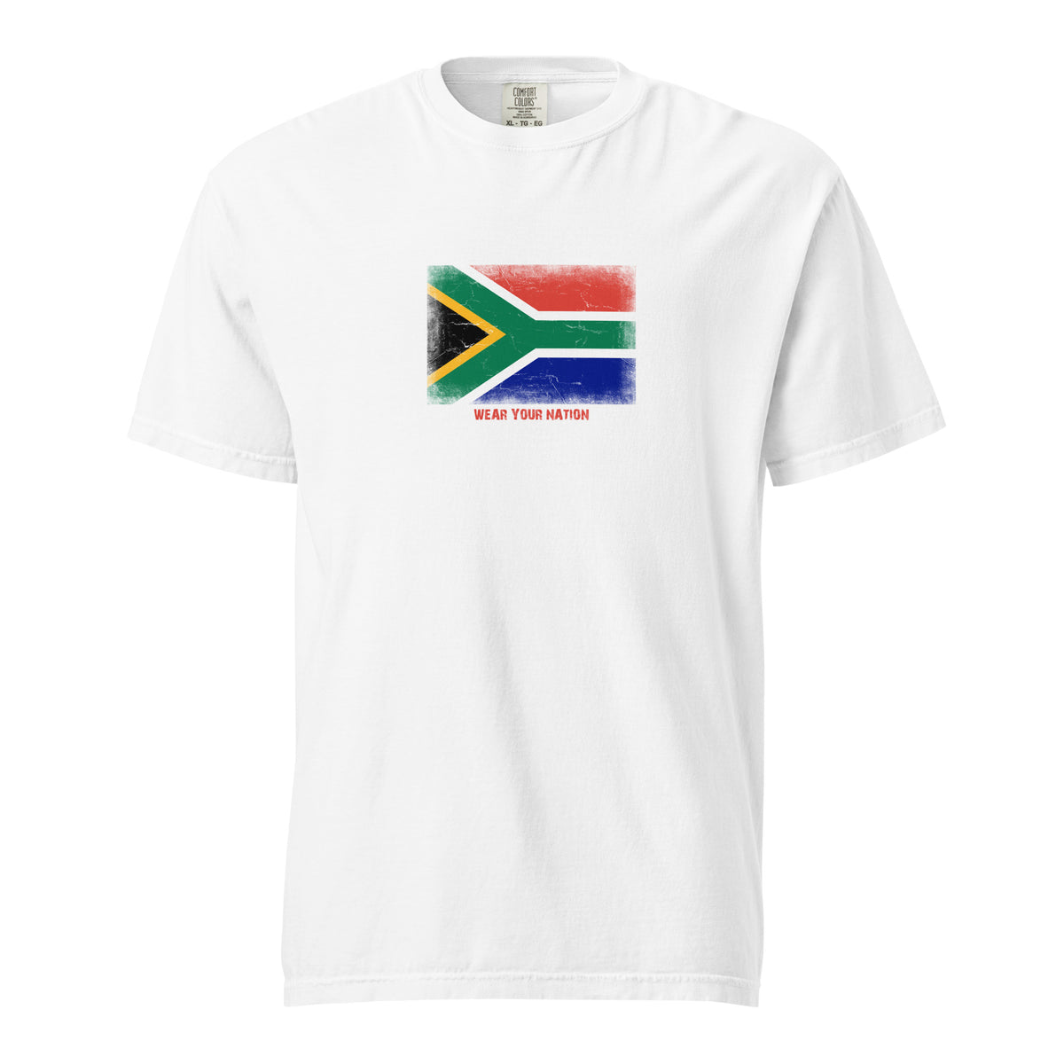 South Africa flag t-shirt in White, vintage-washed print, large flag on the chest, unisex cut, front view