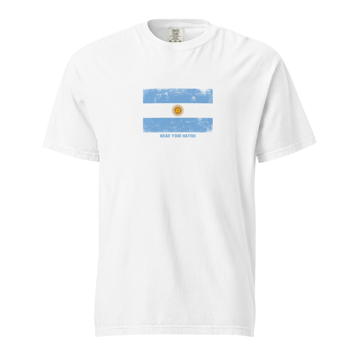 Argentina flag t-shirt in White, vintage-washed print, large flag on the chest, unisex cut, front view