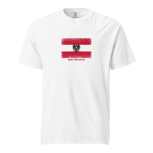 Austria flag t-shirt in White, vintage-washed print, large flag on the chest, unisex cut, front view
