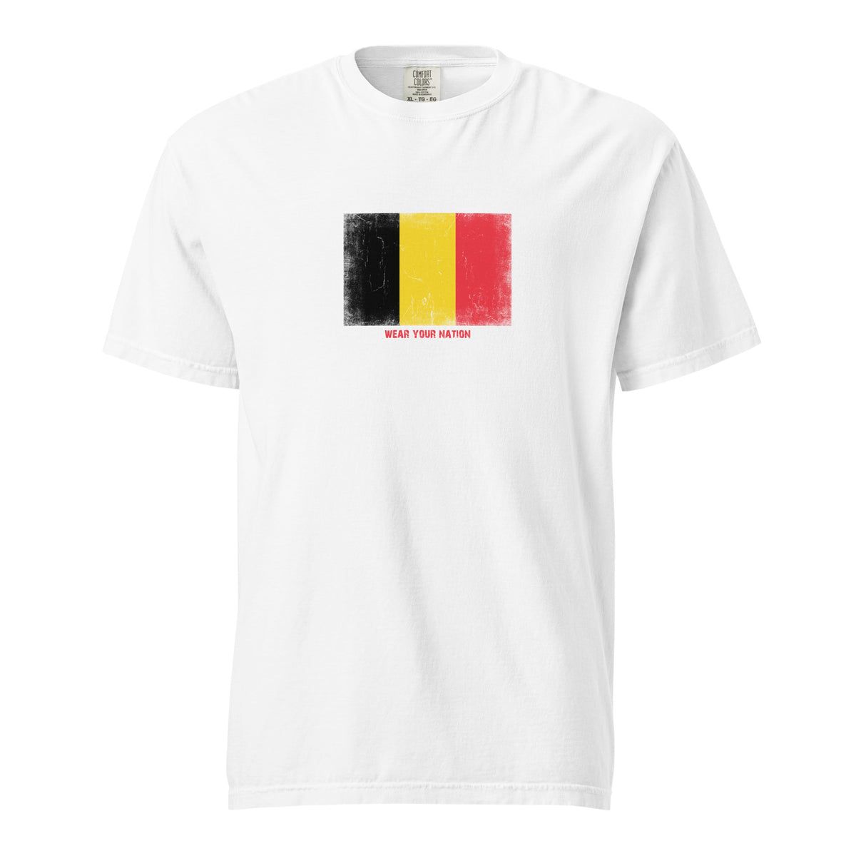 Belgium flag t-shirt in White, vintage-washed print, large flag on the chest, unisex cut, front view