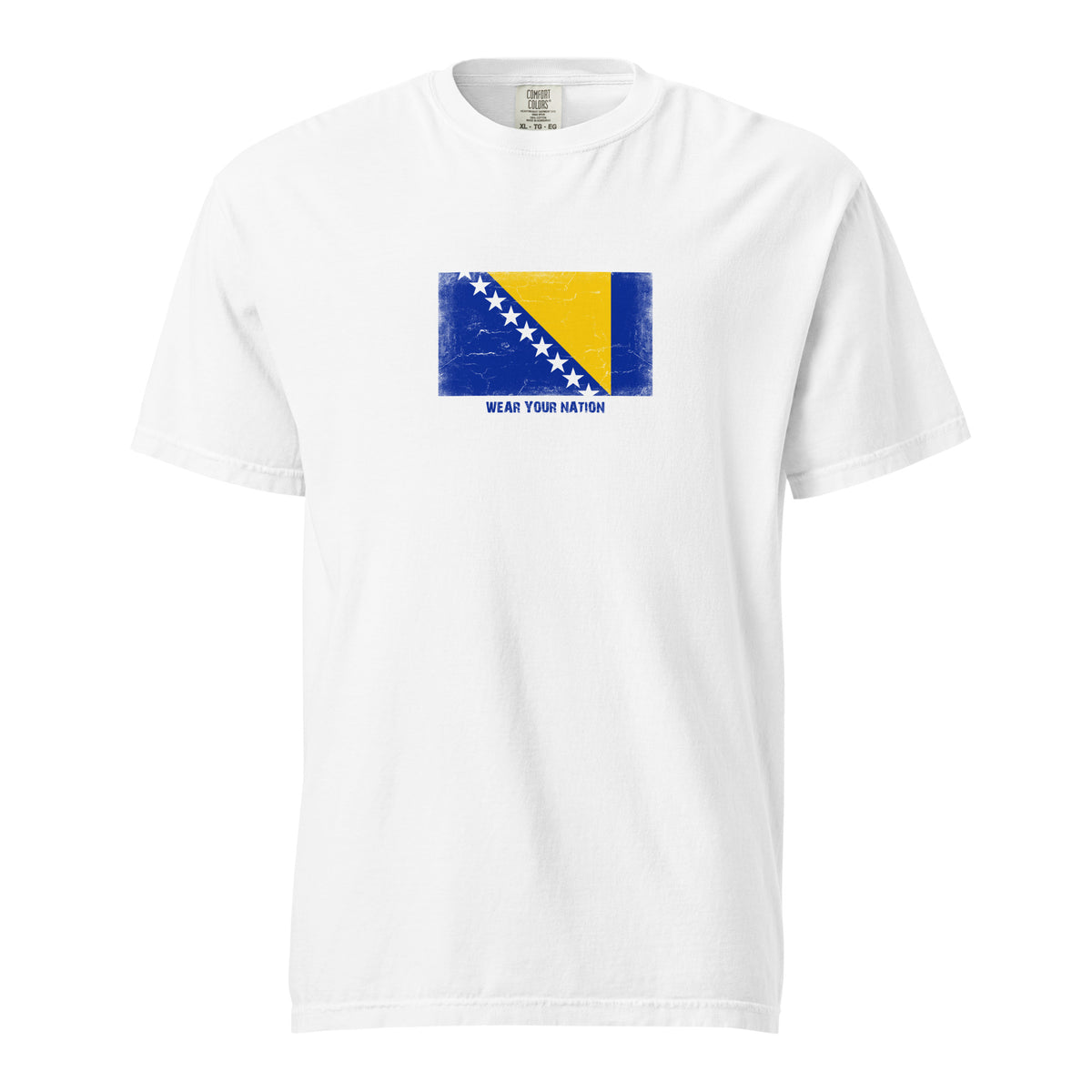 Bosnia and Herzegovina flag t-shirt in White, vintage-washed print, large flag on the chest, unisex cut, front view