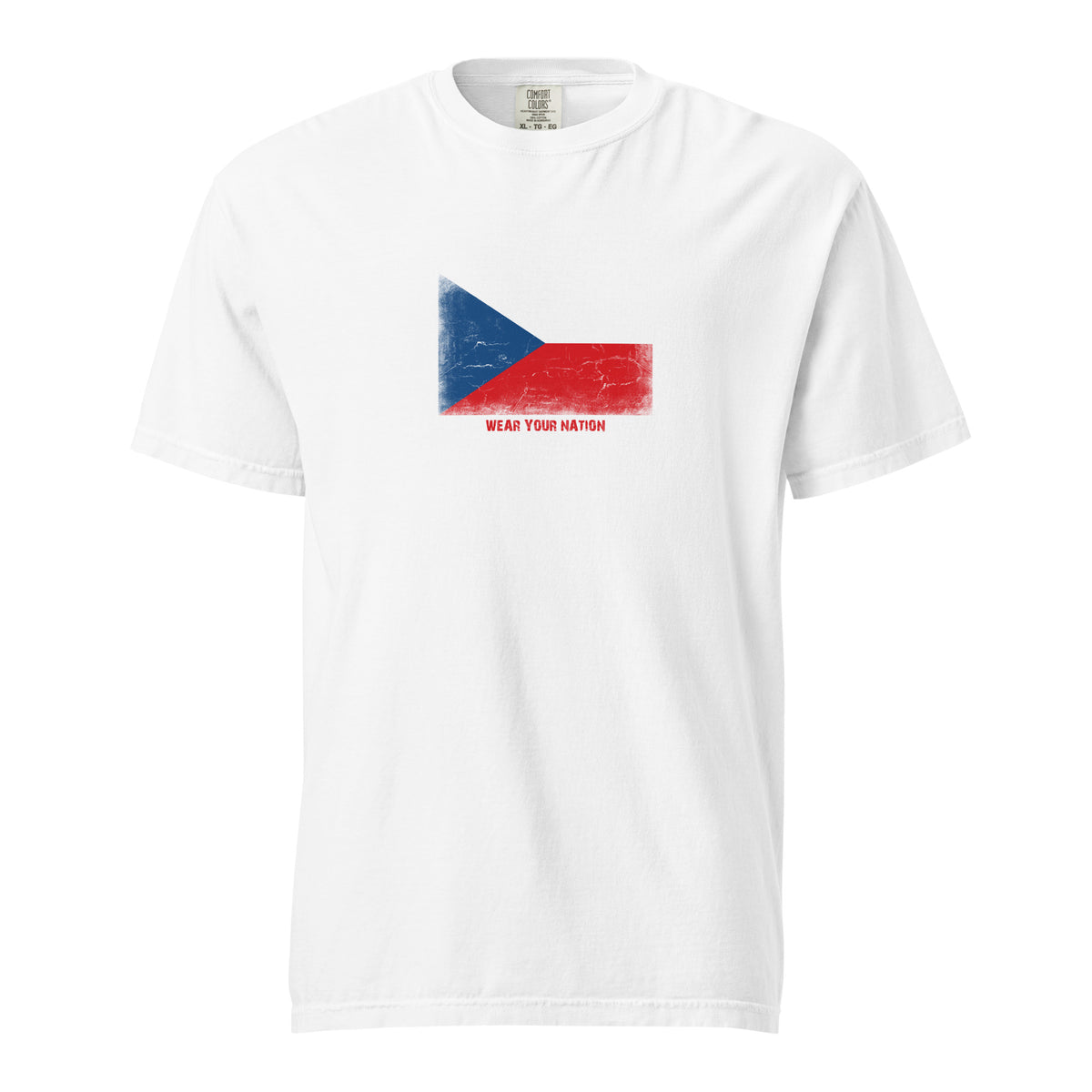 Czechia flag t-shirt in White, vintage-washed print, large flag on the chest, unisex cut, front view