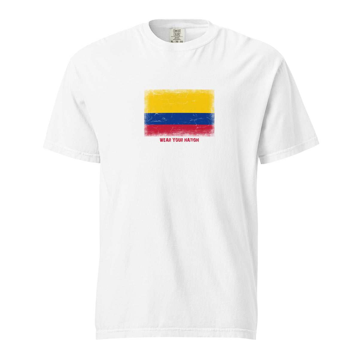 Colombia flag t-shirt in White, vintage-washed print, large flag on the chest, unisex cut, front view