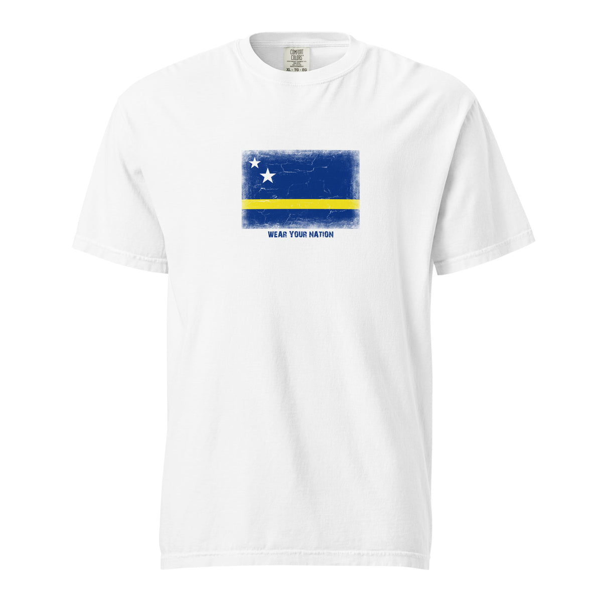 Curaçao flag t-shirt in White, vintage-washed print, large flag on the chest, unisex cut, front view